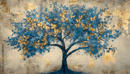 Elegant blue and gold tree artwork displayed against a textured neutral background -