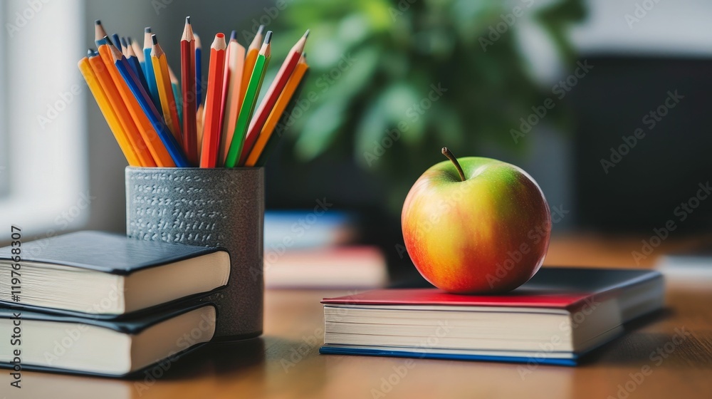 Colored pencils, books, apple, wooden desk. Colored pencils, books, apple, wooden desk.