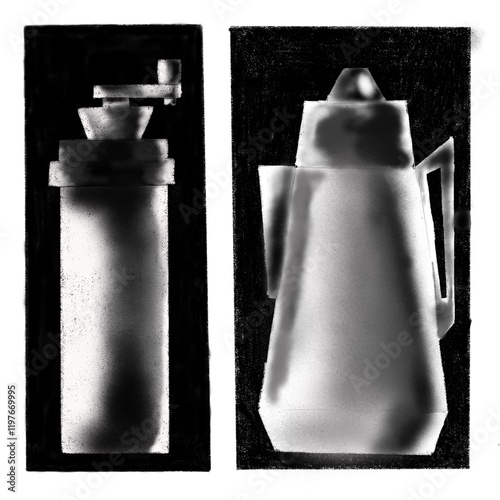 coffee making set, black and white drawing, coffee filter