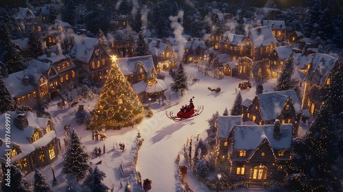 Aerial view of a charming snow-covered village at Christmas.  Houses glow with warm lights, a large Christmas tree shines brightly, and Santa's sleigh speeds through the scene.
