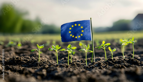European Union flag amidst young green sprouts in a field, representing sustainability and growth -