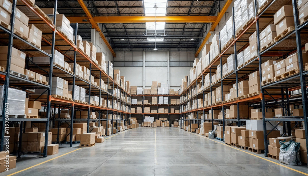 Fototapeta premium Industrial warehouse with high ceilings, organized shelves, and efficient layout.