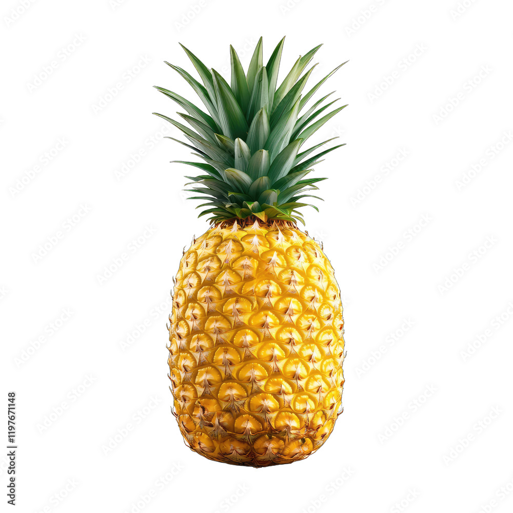 Fototapeta premium Fresh and Ripe Pineapple with Green Leaves Isolated on White Background for Healthy Food and Tropical Flavor Concepts