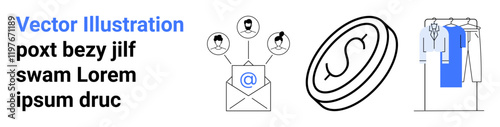 Email icon with user avatars, currency coin, and hanging clothes represent communication, finance, and shopping. Ideal for business, marketing, finance, communication retail e-commerce economy