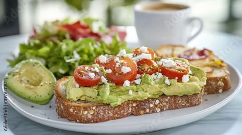 A fresh avocado toast with smashed avocado, cherry tomatoes, and a sprinkle of feta cheese photo