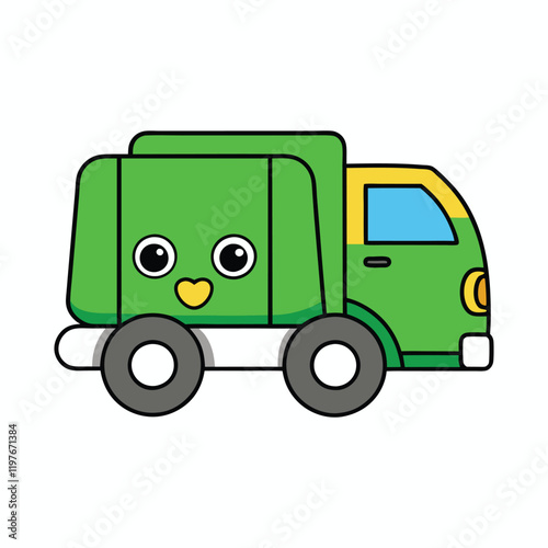 A minimalistic garbage front-loader truck icon, featuring a compact truck design with a front-loading mechanism, bold lines, and a clean, modern look for waste management themes.