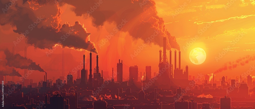 Cityscape with factories and smoking chimneys at sunset. Ideal for thematic projects about ecology, industry and air pollution. Cityscape with factories and smoking chimneys at sunset. Ideal for thematic projects about ecology, industry and air pollution.
