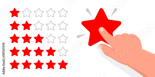 Selecting rating from five stars, with index finger. Product rating or customer review. Vector, illustration