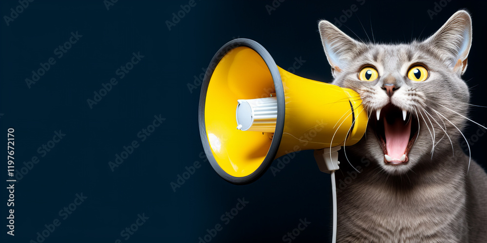 Fototapeta premium Grey cat screams into a yellow megaphone against a blue background.
