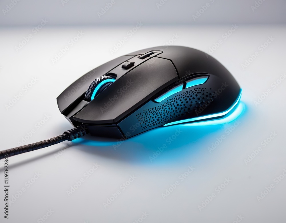 A sleek black gaming mouse with vibrant blue LED accents glowing elegantly on a smooth surface. A sleek black gaming mouse with vibrant blue LED accents glowing elegantly on a smooth surface.