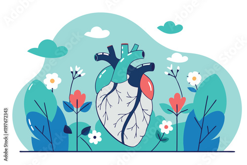 Human heart with blood vessels amidst blooming flowers vector illustration