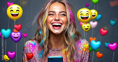 Happy woman laughs at phone, emoji balloons