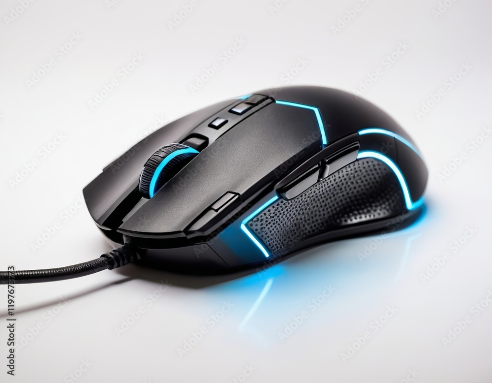 Sleek black gaming mouse with blue LED accents on a reflective surface. Sleek black gaming mouse with blue LED accents on a reflective surface.