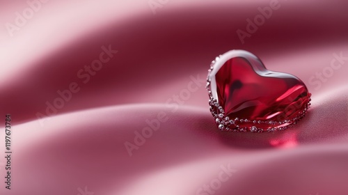 A stunning red heart-shaped diamond glimmers atop soft pink fabric, radiating love and elegance, perfect for celebrating romance on Valentine's Day.