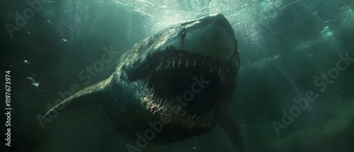 Fierce megalodon swimming ominously underwater, showcasing its massive size  -