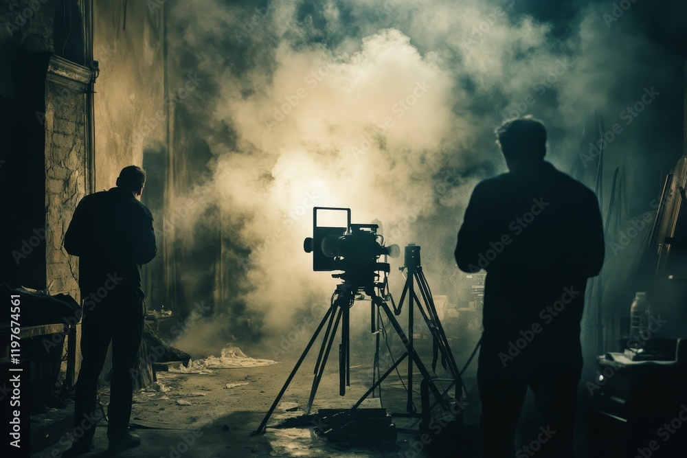 Fototapeta premium Film crew filming scene, smoky setting.