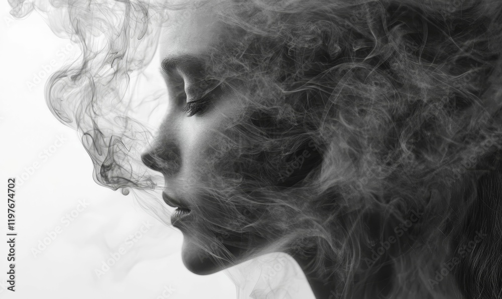 Fototapeta premium Monochrome portrait; face veiled in smoke.