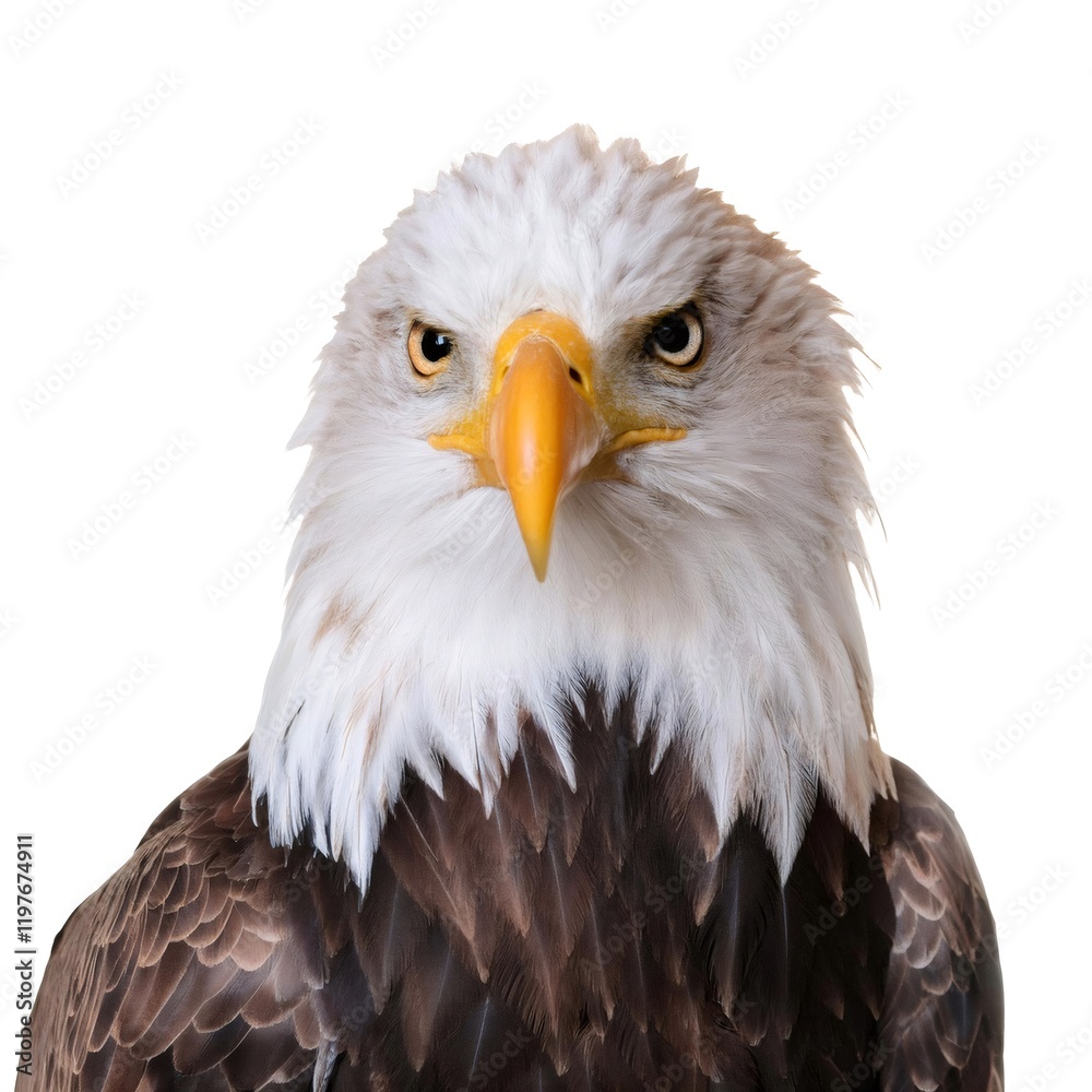 Majestic bald eagle staring intently, white background highlighting powerful predatory gaze Majestic bald eagle staring intently, white background highlighting powerful predatory gaze