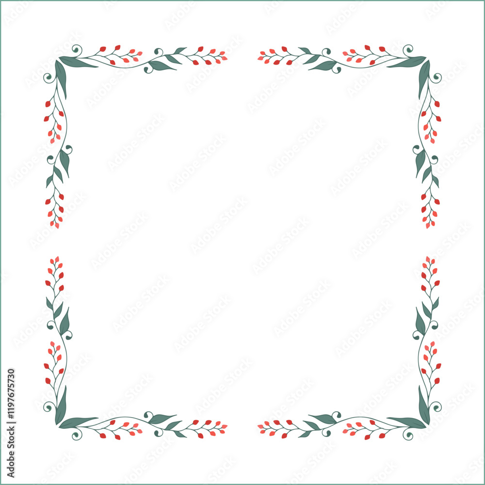 Obraz premium Elegant green vegetal ornamental frame with leaves and red flowers, decorative border, corners for greeting cards. Isolated vector illustration
