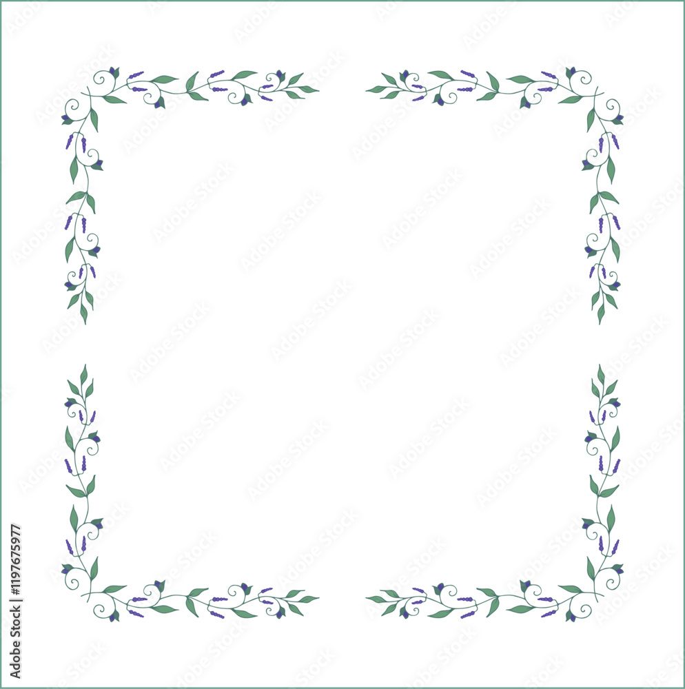 Elegant green vegetal ornamental frame with leaves and small blue flowers, decorative border, corners for greeting cards. Isolated vector illustration Elegant green vegetal ornamental frame with leaves and small blue flowers, decorative border, corners for greeting cards. Isolated vector illustration