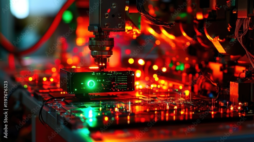 Closeup of a compact edge computing unit directly connected to a robotic arm glowing red and green lights signaling data transmission. The background shows the intricate mechanics of Closeup of a compact edge computing unit directly connected to a robotic arm glowing red and green lights signaling data transmission. The background shows the intricate mechanics of