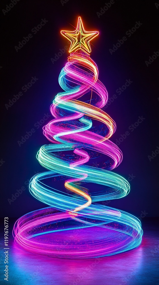 Neon Christmas tree, dark background, holiday celebration, festive design Neon Christmas tree, dark background, holiday celebration, festive design