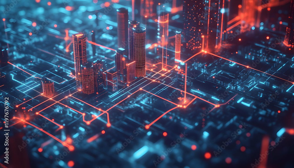 Fototapeta premium Futuristic city map with dynamic glowing markers and interconnected networks -