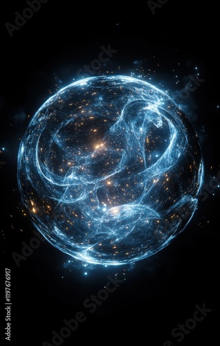 A Glowing blue energy sphere with swirling light trails on a black background.	