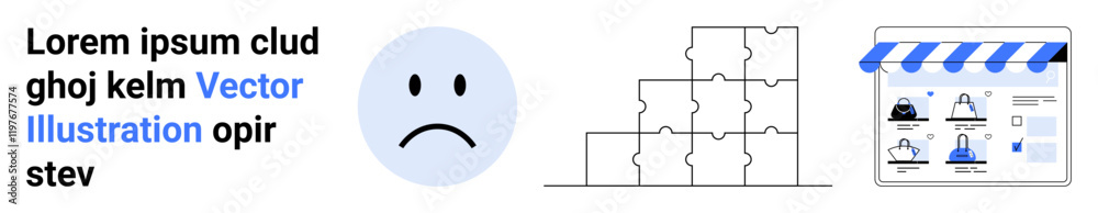 Fototapeta premium Blue frowning face indicating dissatisfaction, staircase puzzle diagram signifying growth challenges, online store interface. Ideal for business strategy, ecommerce struggles, customer