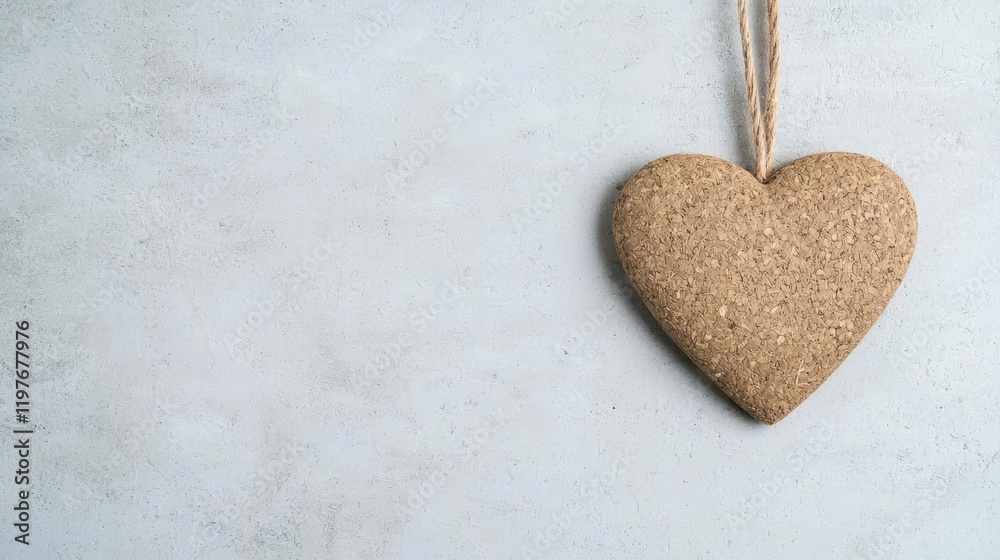 Obraz premium Cork heart hanging on a rustic twine string against a textured light grey concrete background with copy space.