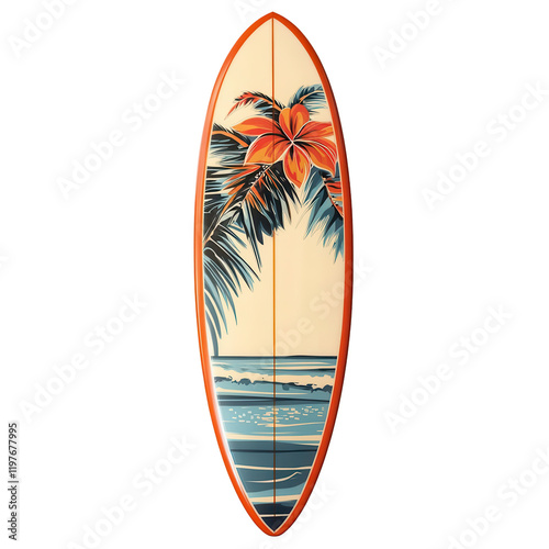 A vibrant surfboard design featuring tropical flowers and palm leaves, perfect for beach and surf culture themes. photo