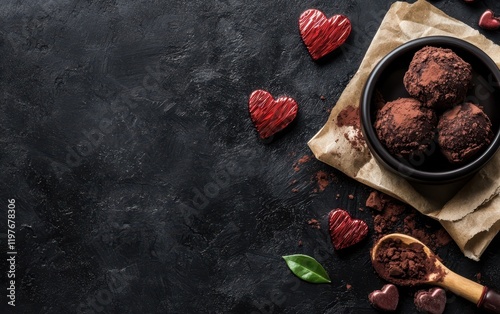 A delightful bowl brimming with chocolates rests on a delicate napkin, inviting sweet indulgence with a charming spoon beside it.