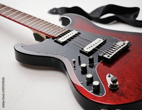 Close-up of a sleek electric guitar with a glossy red finish and black hardware.