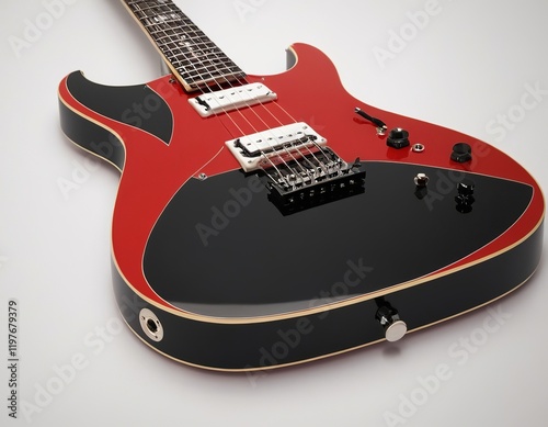 Electric guitar in a striking red and black design, showcasing its sleek curves and polished finish. photo
