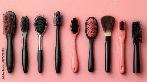 A Flatlay of Various Hairbrushes and a Makeup Brush on a Pink Background photo