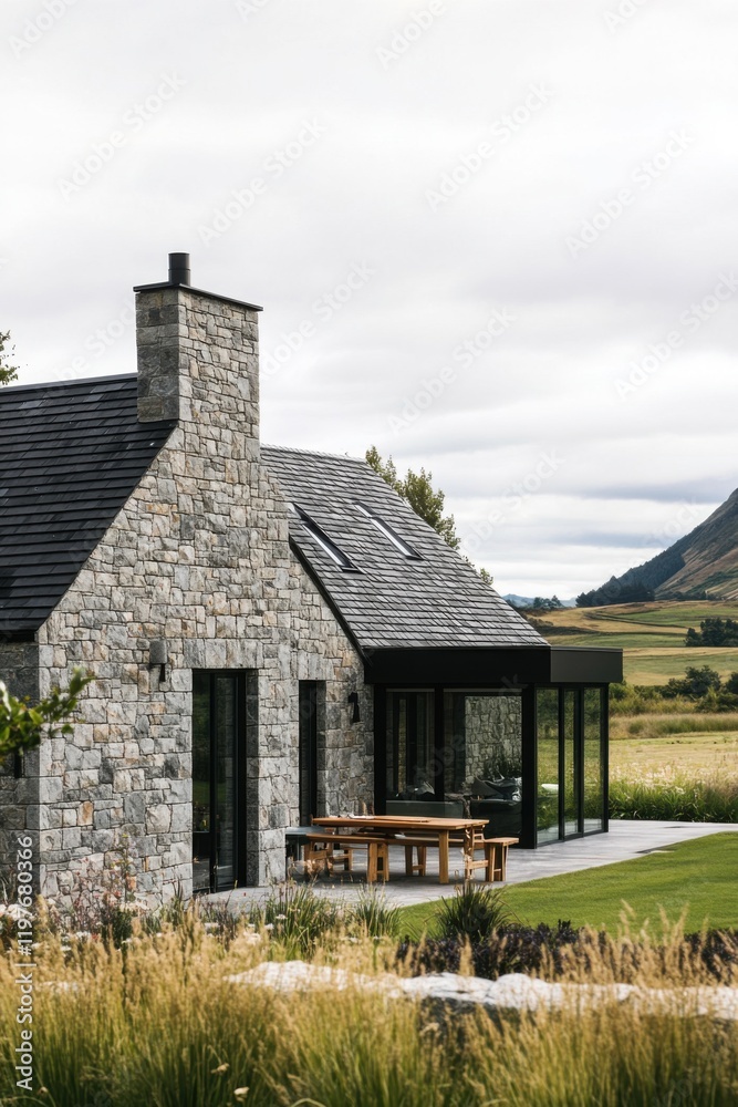 Modern stone house with large windows overlooking a scenic landscape surrounded by mountains and greenery in the countryside Modern stone house with large windows overlooking a scenic landscape surrounded by mountains and greenery in the countryside