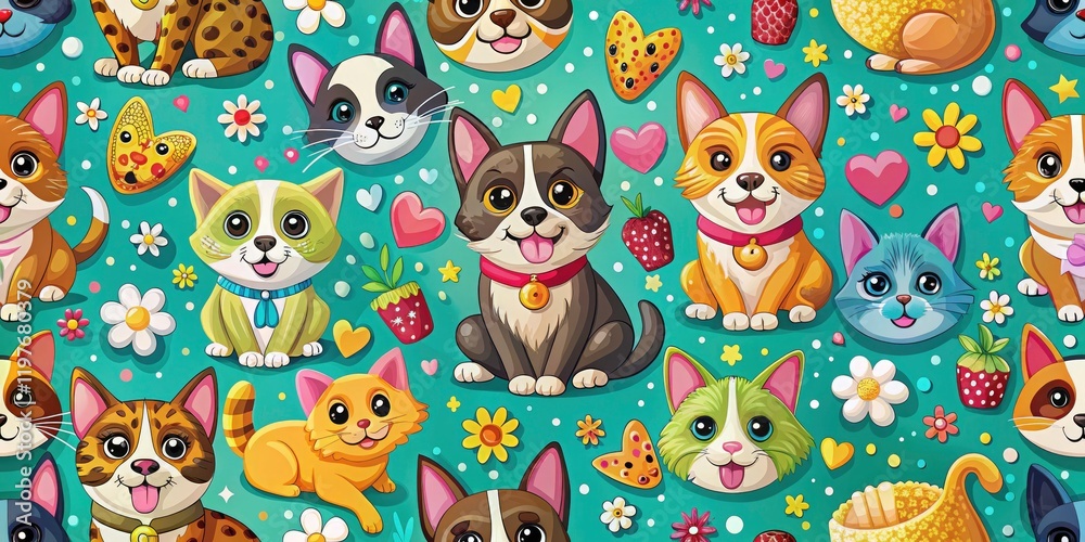 Naklejka premium Cute kitten and puppy texture, repeating animal print for fabric or wallpaper design.