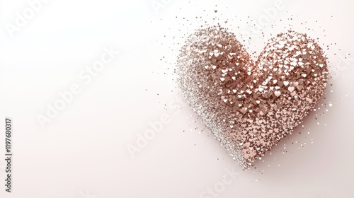 A sparkling heart crafted from glittery fragments radiates love on a pristine white canvas, capturing the essence of romance and celebration.