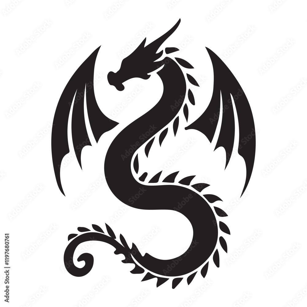 Elegant Black Silhouette Coiled Dragon Illustration Elegant Black Silhouette Coiled Dragon Illustration