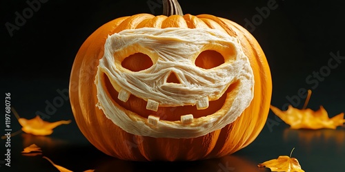 
A pumpkin with a mask on its face, created with the help of generative AI technology.


