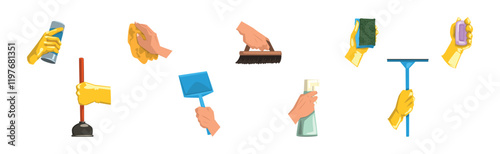 Hand with Cleaning Tool Do Domestic Chore Vector Set