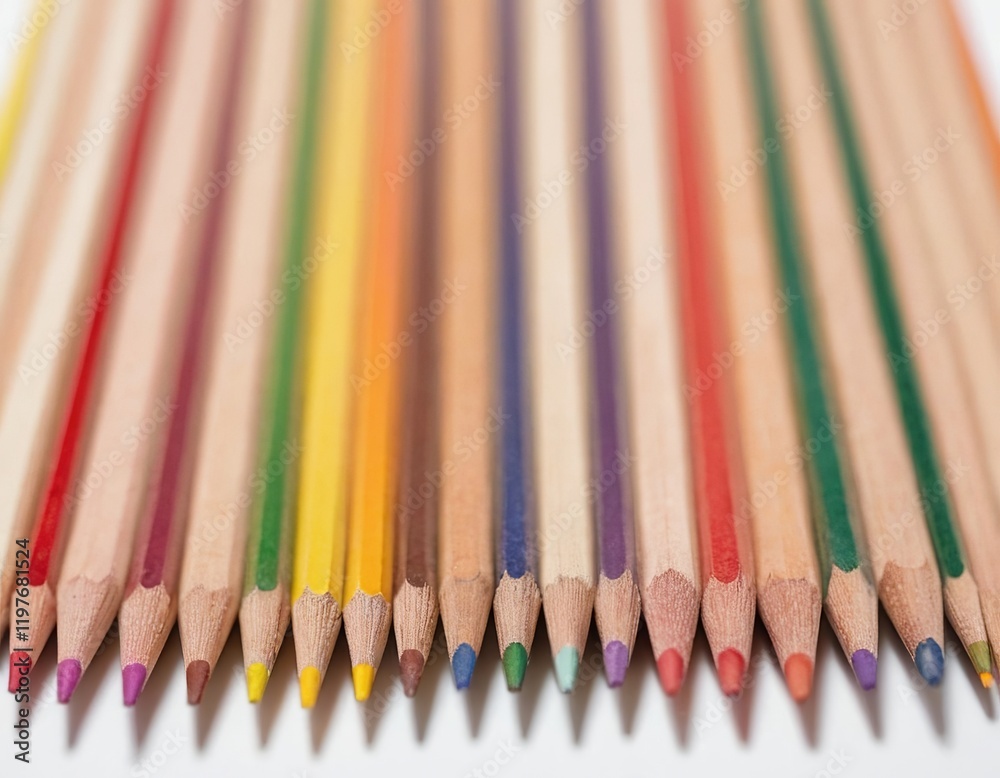 A vibrant array of colored pencils lined up, showcasing various hues and shades, creating an artistic mood. A vibrant array of colored pencils lined up, showcasing various hues and shades, creating an artistic mood.