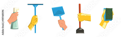 Hand with Cleaning Tool Do Domestic Chore Vector Set