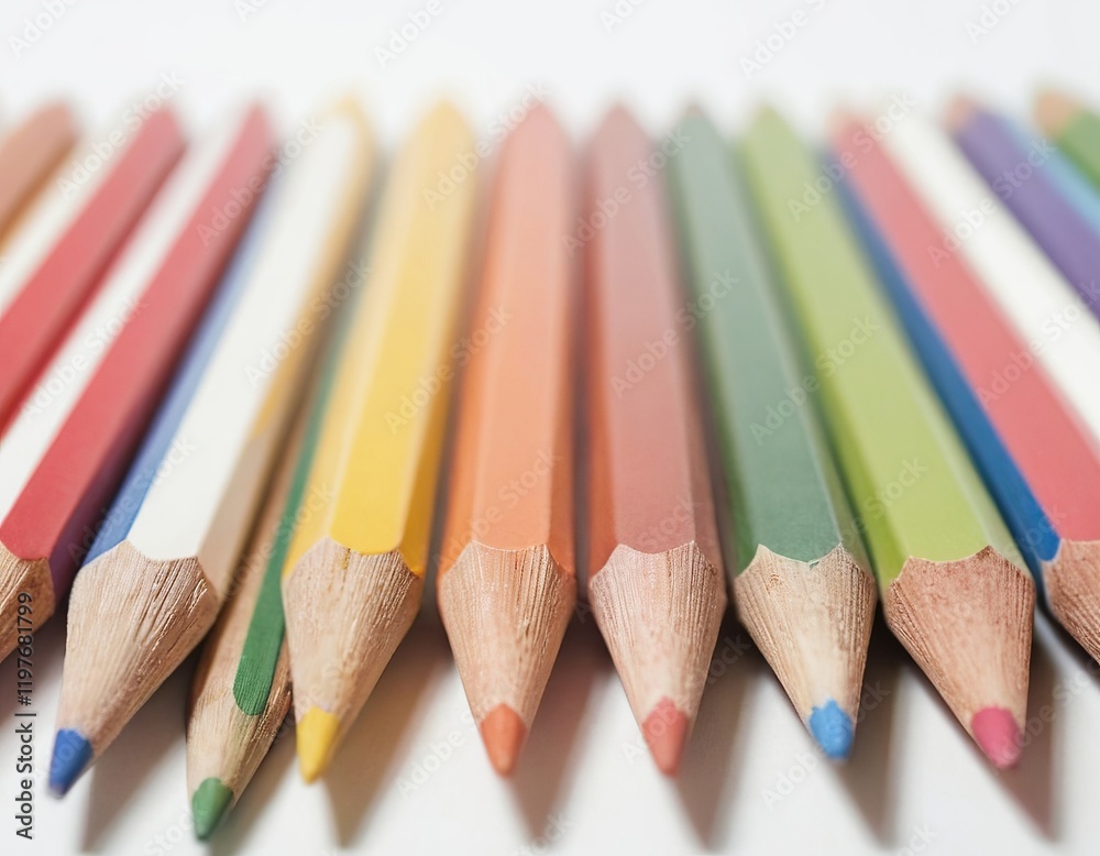 A vibrant arrangement of colored pencils in various shades, forming a beautiful spectrum on a white background. A vibrant arrangement of colored pencils in various shades, forming a beautiful spectrum on a white background.