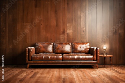 Cozy brown leather sofa against wooden wall in warm atmospheric lighting