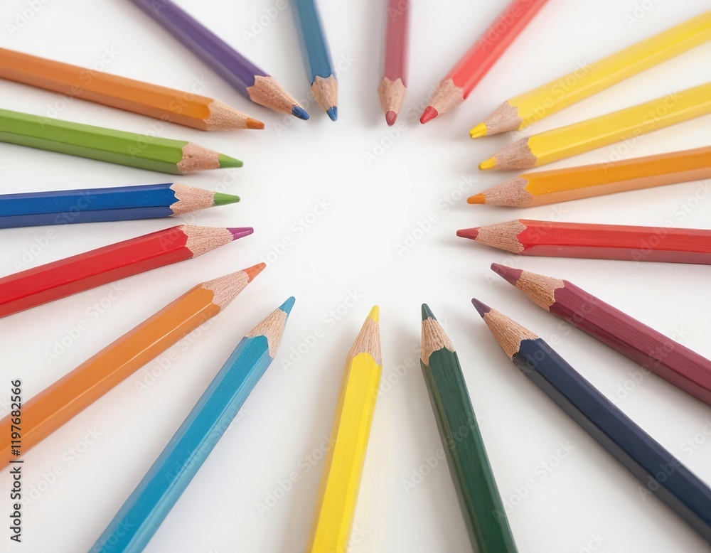 A colorful array of pencils arranged in a circular pattern, ideal for art and creativity. A colorful array of pencils arranged in a circular pattern, ideal for art and creativity.
