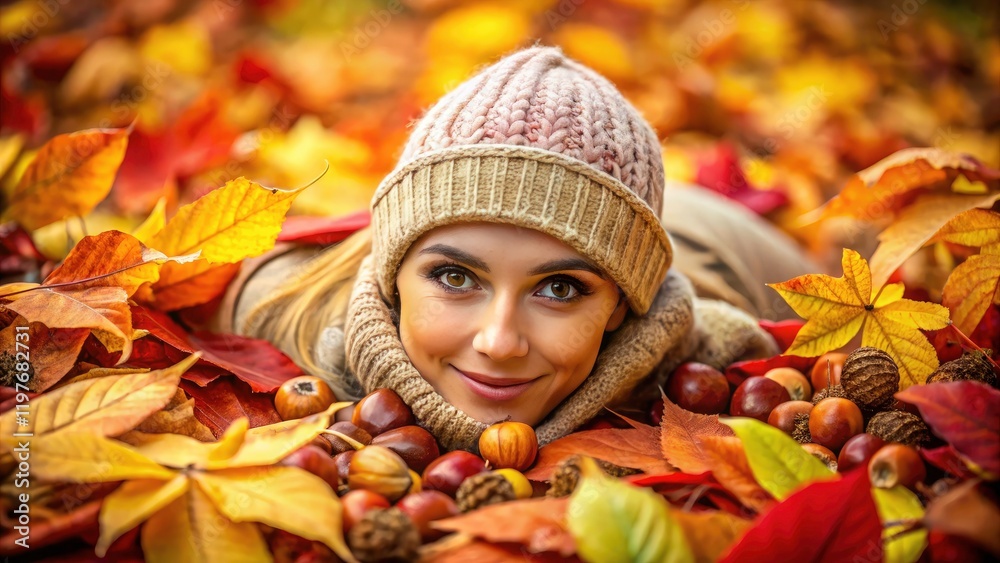 Fall foliage frames a captivating portrait; autumn leaves, nuts, nature's cozy embrace. Fall foliage frames a captivating portrait; autumn leaves, nuts, nature's cozy embrace.