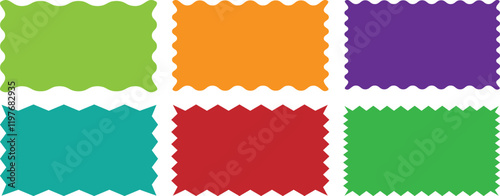 Rectangle, square and oval shape frame with zigzag edge. Set of Zigzag and colorful Shape. Zig Zag Shapes for Stickers, banners. Colorful zigzag shape. Color squiggle frames set. Colorful zigzag frame
