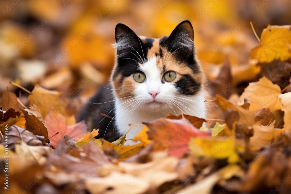 A curious calico cat exploring a patch of orange and brown autumn leaves in a peaceful meadow setting A curious calico cat exploring a patch of orange and brown autumn leaves in a peaceful meadow setting