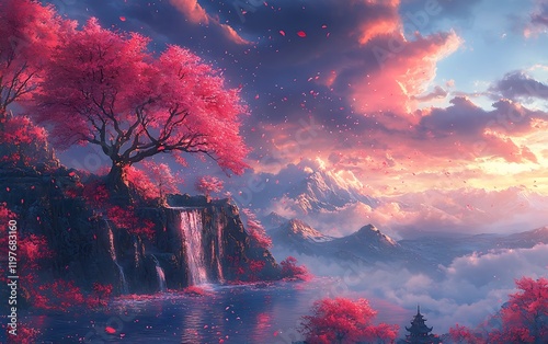 Serene Japanese Waterfall Valley Pond Summer Sky
